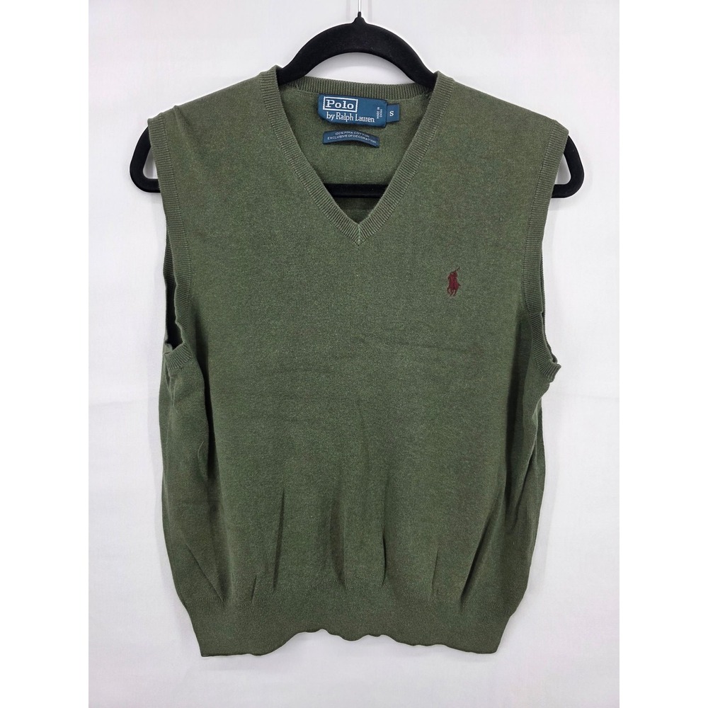 Polo Ralph Lauren Mens V-Neck Sweater Vest Olive Green 100% Pima Cotton Small